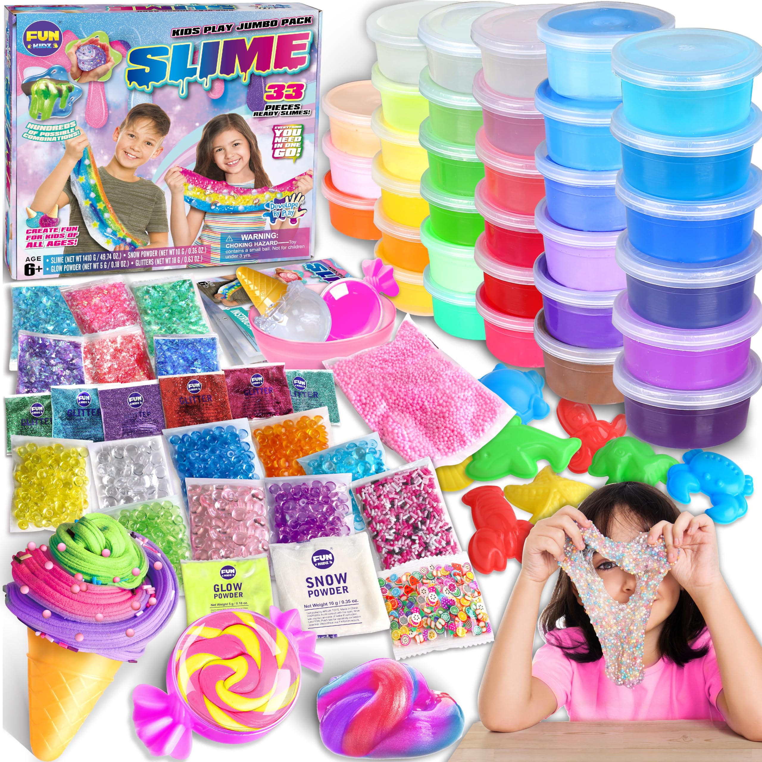Photo 1 of 33 Cups Jumbo Slime Kit for Kids, FunKidz Premade Ultimate Slime Pack to DIY Soft, Cloud, Clear, Butter, Glitter, Glow in Dark Slime Making Kit Party Favors Gift Toys for Girls and Boys