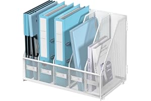 SUPEASY Desk Organizers Metal Desk Magazine File Holder with 5 Vertical Compartments Rack File Organizer for Office Desktop, Home Workspace, White Plus