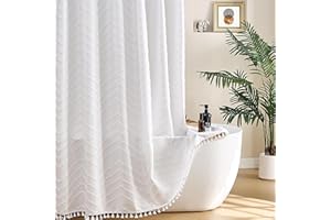 Siiluminisoy White Shower Curtain Fabric Boho Shower Curtain Cloth Textured Tufted Chevron Elegant Shower Curtains Waterproof for Bathroom 72" x 72"