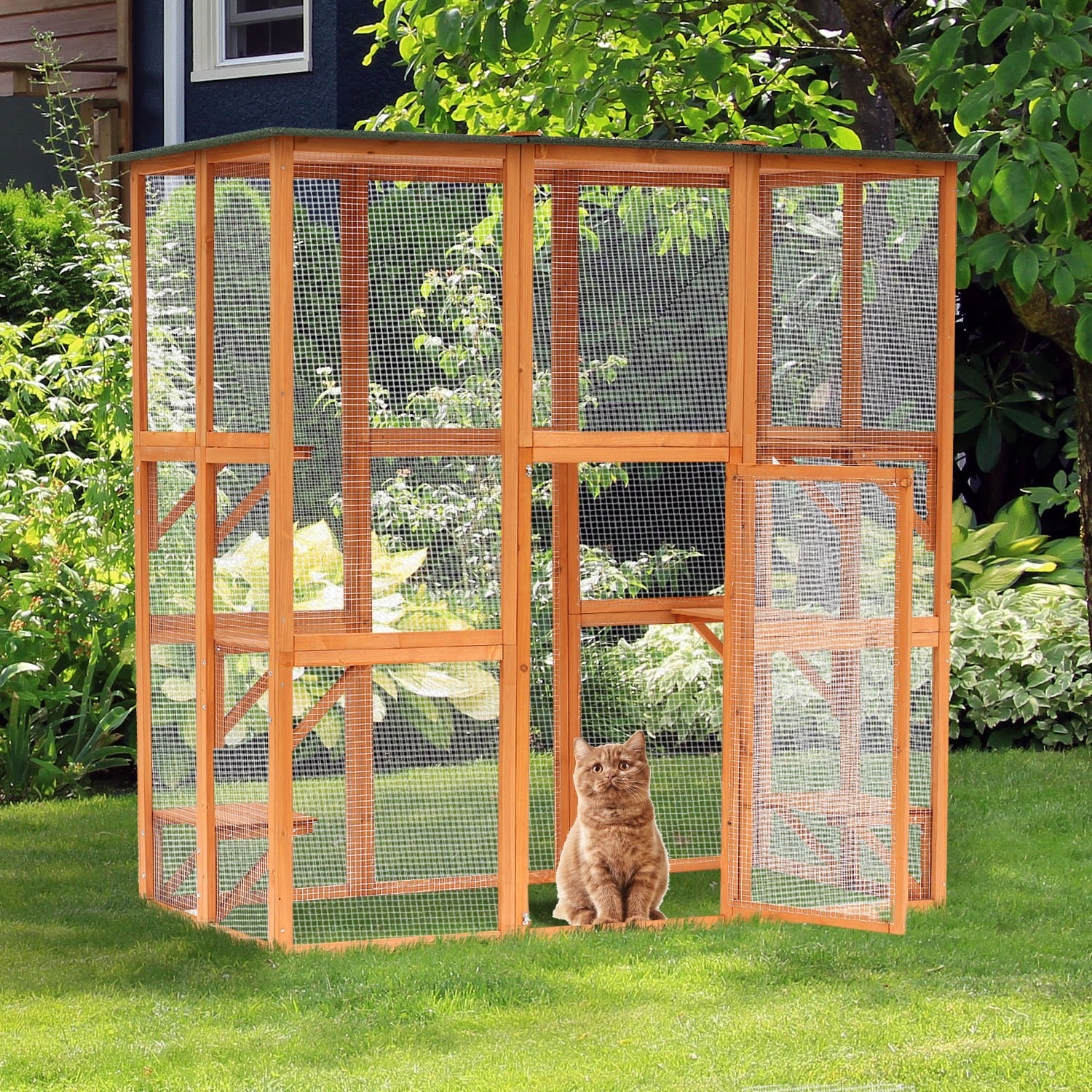 Pawhut 71 X 39 X 71 Large Wooden Outdoor Cat Enclosure Catio