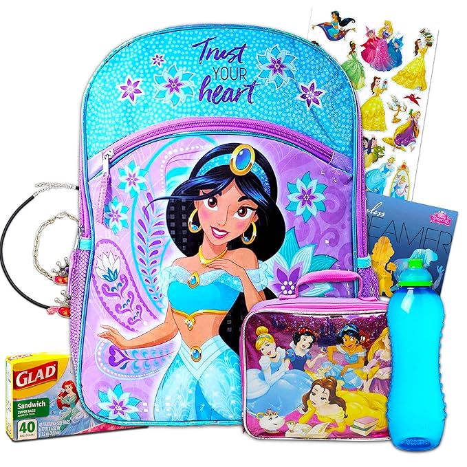 Disney Princess Jasmine Backpack 6 Pc Set with 16" Backpack, Lunch Bag