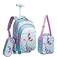 Meetbelify Girls Rolling Backpack Wheels Backpacks Kids Luggage for Elementary Preschool Students Cute Suitcase Trolley Trip Wheeled Mermaid Backpack with Lunch Box for Girls