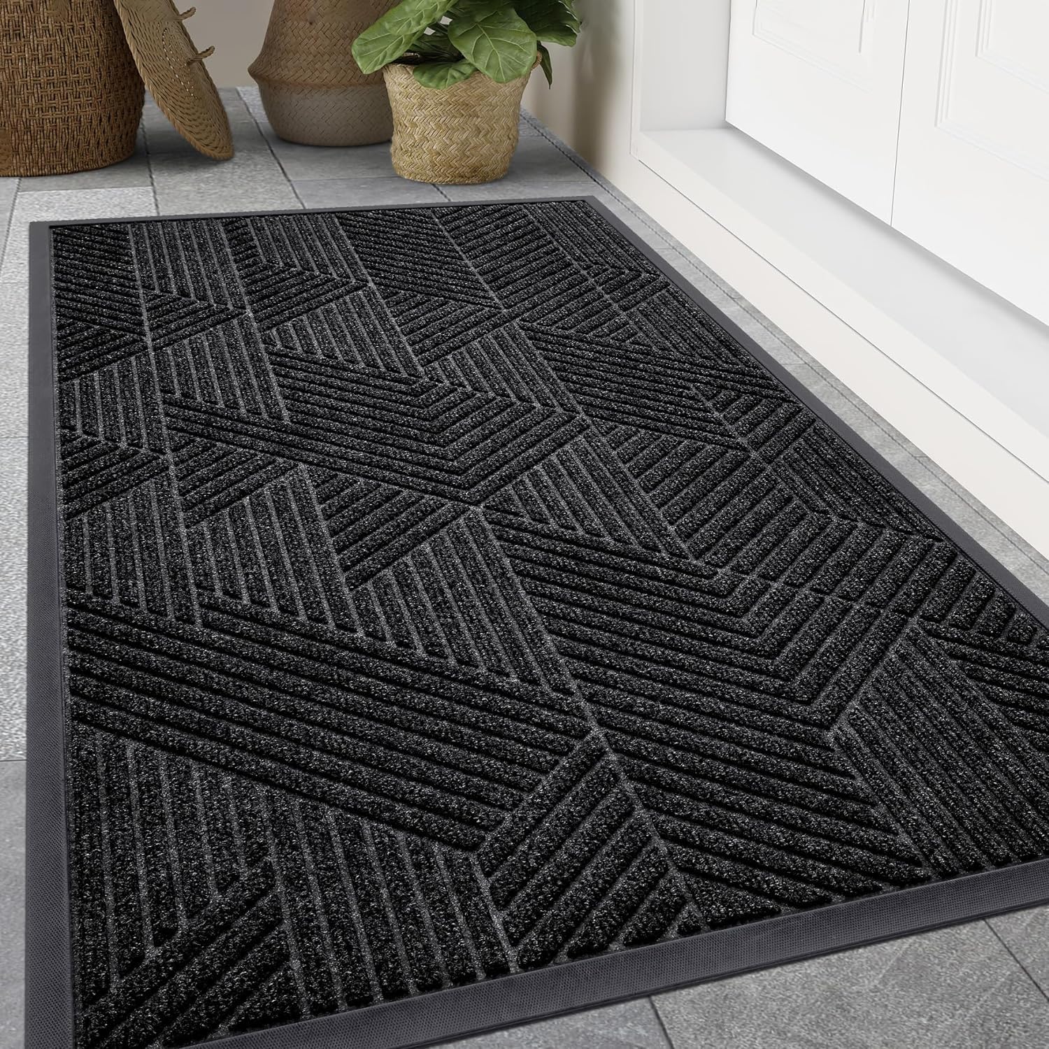 smiry Door Mat, Heavy Duty Door Matts Indoor Outdoor, Dirt Trapper Easy Clean Doormat, Non Slip Floor Mat for Front Door, Entrance, 80 x 120 cm, Black