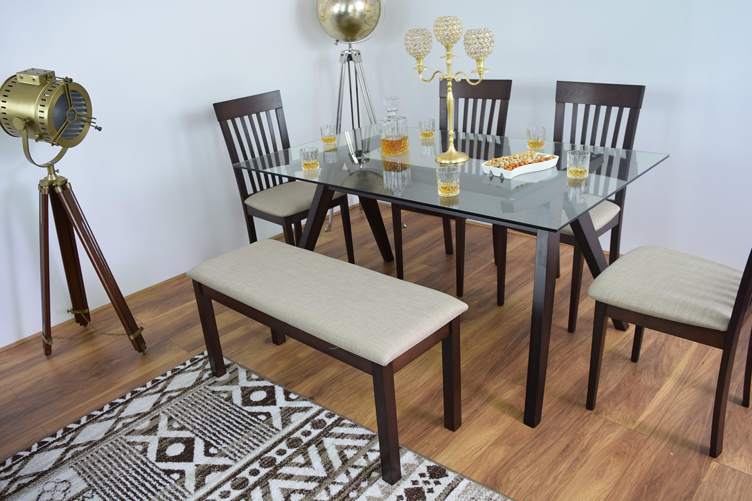 AHOC New Modern Glass Dining Room Table 4 Chairs With Bench Set Solid Wood Kitchen Furniture Wooden Dinner Tables Sets (Cairo x4 + Bench)