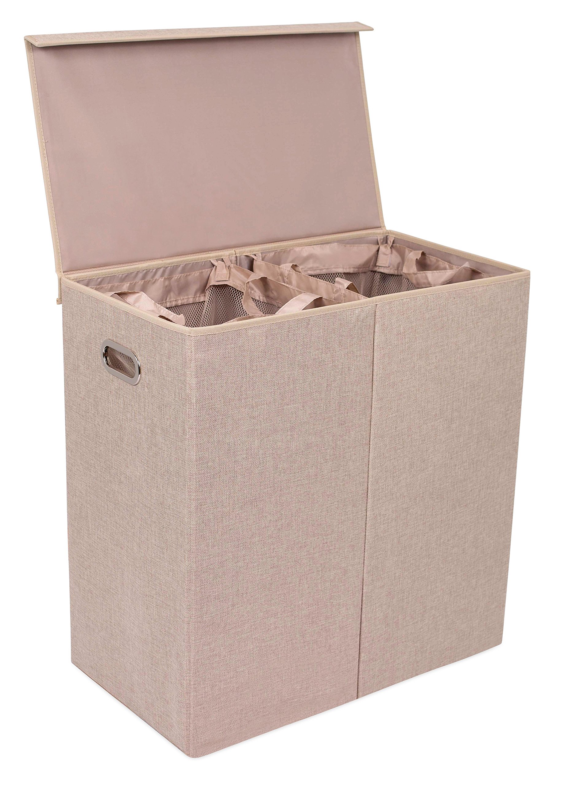 BirdRock Home Double Laundry Hamper with Lid and Removable Liners - Linen - Easily Transport Laundry - Foldable Hamper - Cut Out Handles