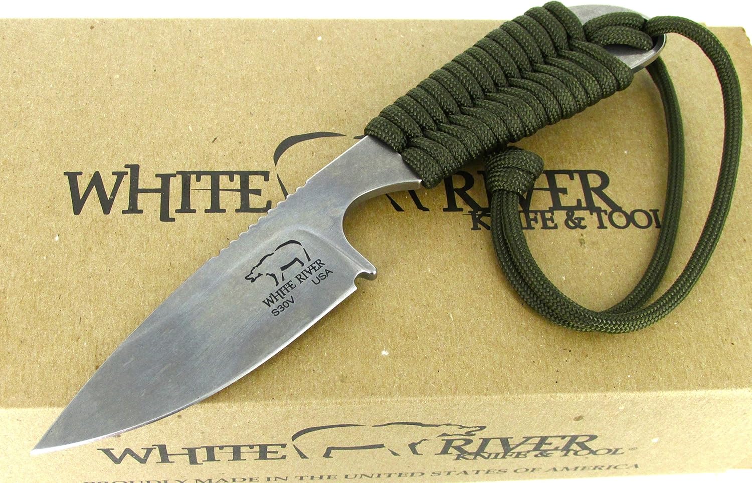 White River Knife & Tool Backpacker Hunting Knife Olive Drab Paracord Handle WRBP