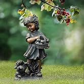 LuxenHome Garden Decor Statue,23" Fiber Stone Girl and Puppy Outdoor Statue | Bronze Garden Sculpture, Outdoor Art for Patio Courtyard Backyard Decor, House Warming Gifts