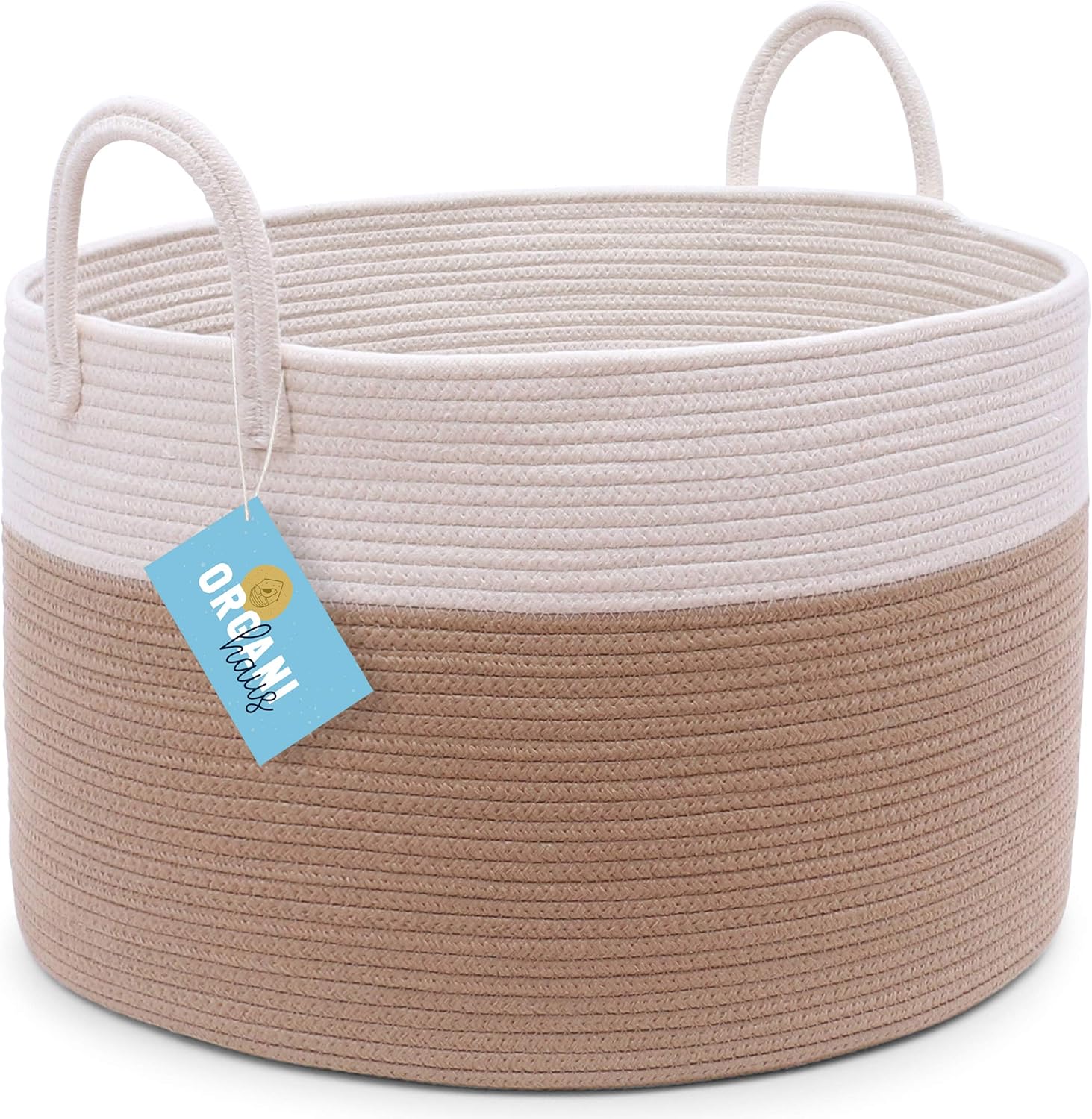 OrganiHaus XXL Extra Large Cotton Rope Basket | 20"x13.5" Blanket Storage Basket with Long Handles | Decorative Clothes Hamper Basket | Baby and Kids Room Toy Bin | Blanket Basket