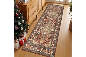 U'Artlines 2' x 6' Boho Hallway Runner Rug, Non Slip Washable Vintage Farmhouse Accent Area Rug Carpet for Kitchen Entryway Laundry and Living Room (Rust＆Teal)