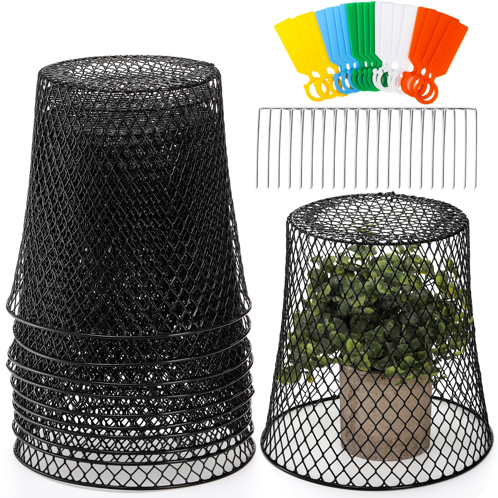 Photo 1 of SOUJOY 10 Pieces Chicken Wire Plant Covers, Garden Cloche with 30 Garden Stakes and 20 Waterproof Labels, Metal Cage Protector Basket for Keeping Bunnies Chicken Squirrels Birds Out