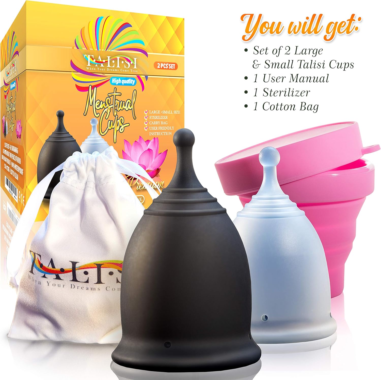 Talisi Reusable 2 Menstrual Cups - Period Cup Set for Women with Collapsible Sterilization Cup and Travel Bag - Feminine Menstruation Alternative to Tampons - Regular and Heavy Flow: Health & Personal Care