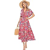 R.Vivimos Women Summer Print Deep V Neck Cotton Beach Long Dresses
