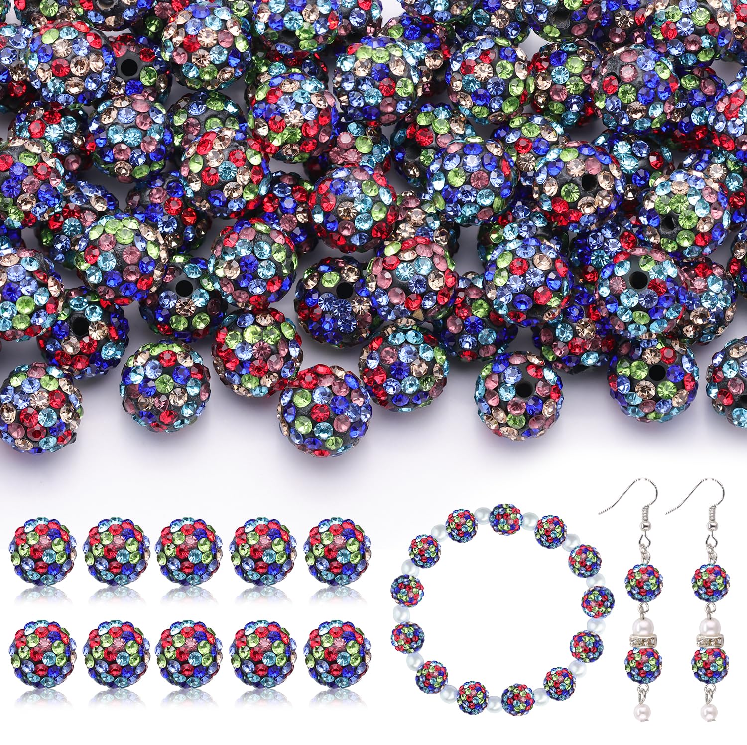 Photo 1 of 105pcs 10mm Rhinestone Beads for Jewelry Making, Black Mixed Shiny Round Disco Ball Beads Bulk, Sparkle Crystal Clay Christmas for Bracelet Baseball Necklace Earring Crafting and DIY