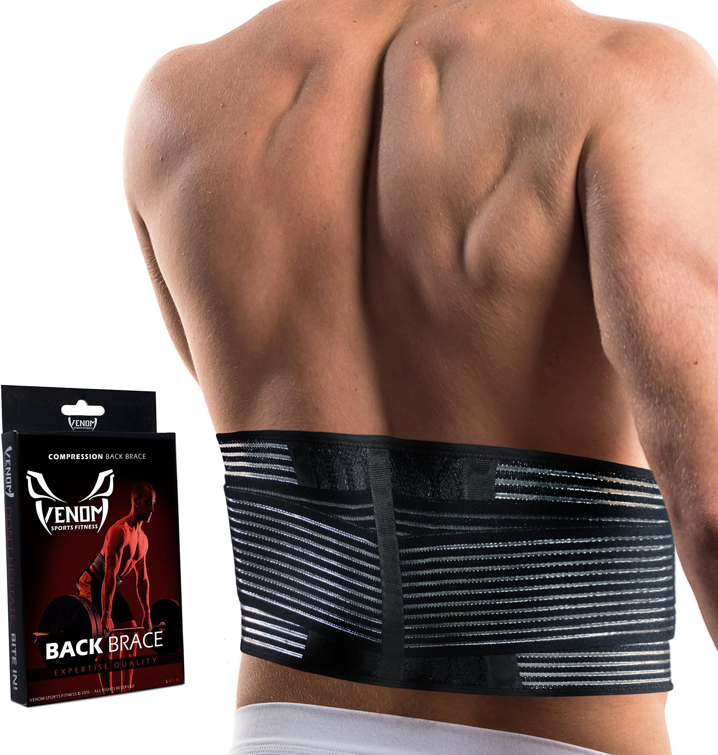 Venom Lumbar Back Brace Compression Belt - Elastic Support & Adjustable Dual Straps, Lower Back Pain, Spasm, Strain, Herniated Disc, Sciatica, Scoliosis, Disc Bulge, Lifting, Men, Women