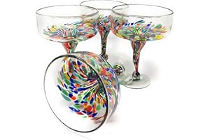 Mexican Hand Blown Glass – Set of 4 Hand Blown Margarita Glasses Confetti Carmen (16 oz)