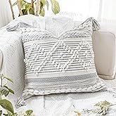 BlissBlush Gray Cream White Boho Throw Pillow Cover 20X20, Boho Woven Textured Pillow Cover, Neutral Pillow Cover, Sofa Couch Bed Farmhouse Lumbar Pillow (Cover ONLY)