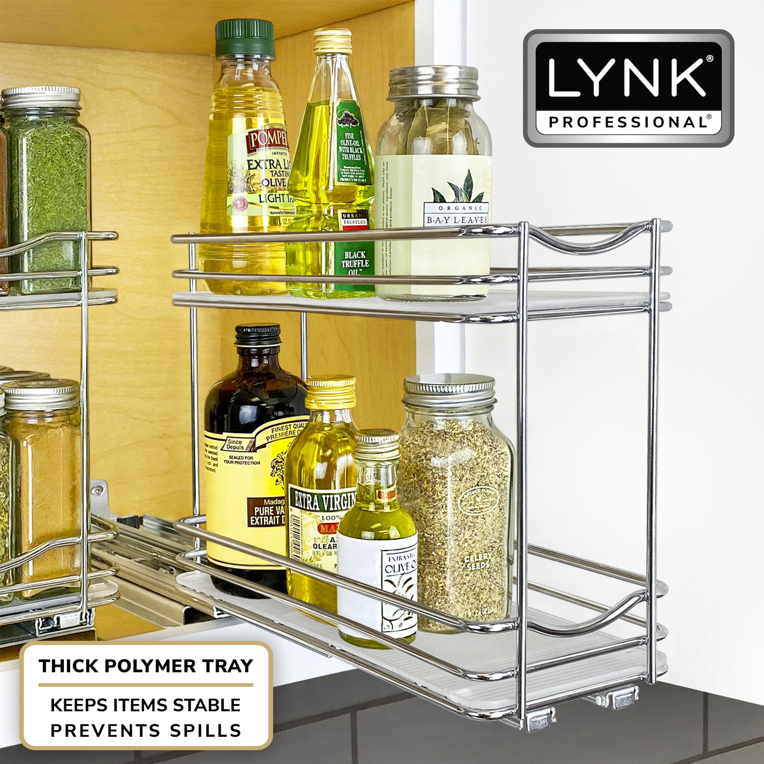LYNK PROFESSIONAL® Pull Out Spice Rack Organizer for Inside Kitchen Cabinets - 4-3/8 inch Wide - Slide Out Drawer – Chrome Sliding Spice Cabinet Organization Shelf Racks - 2 Tier