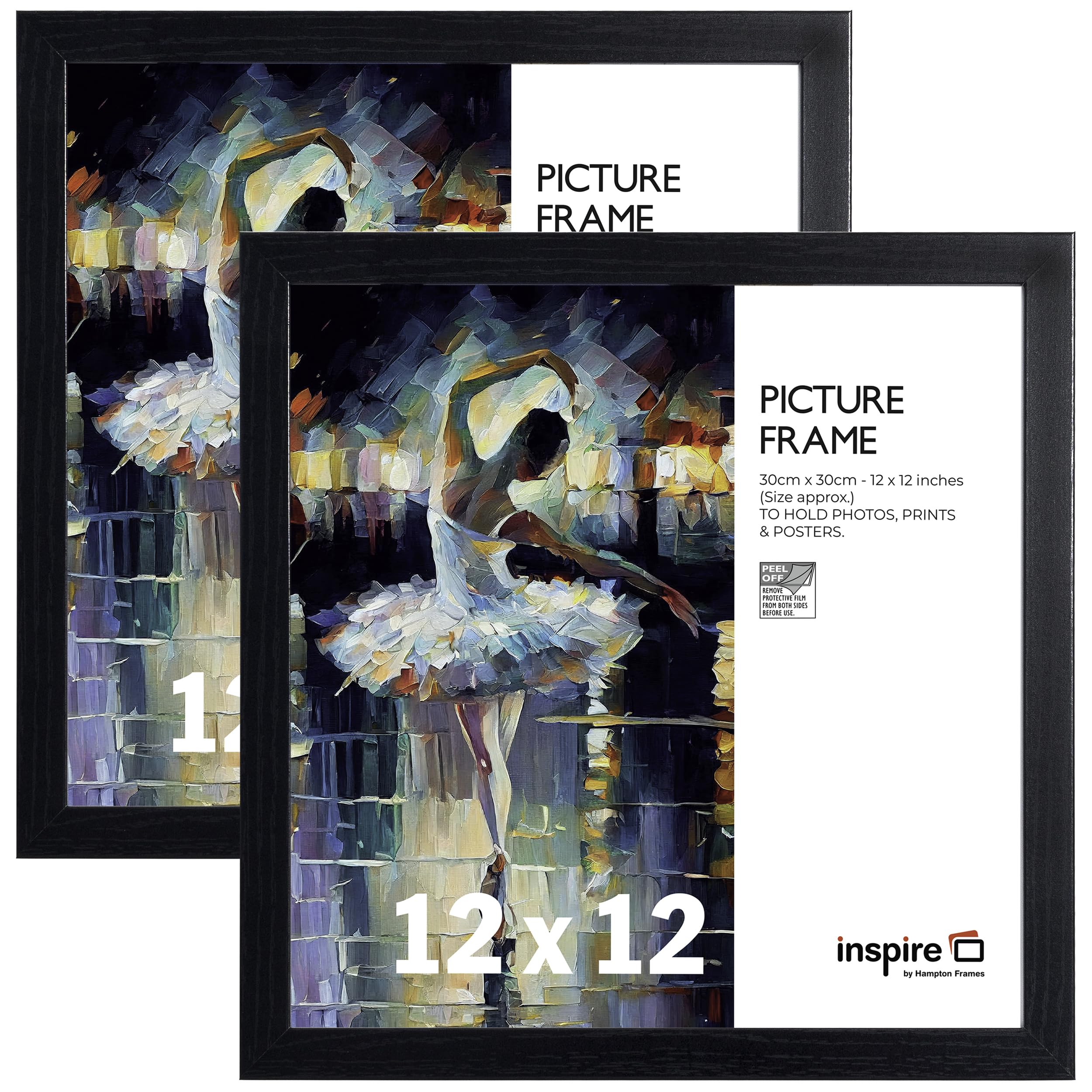 inspire by Hampton Frames | Picture Frame Set | 12x12 (30x30cm), Black, Square, Acrylic (Non-Glass), Pack of 2 | Lightweight, Shatter-Resistant, Modern Display | Stylish Photo Framing Solution