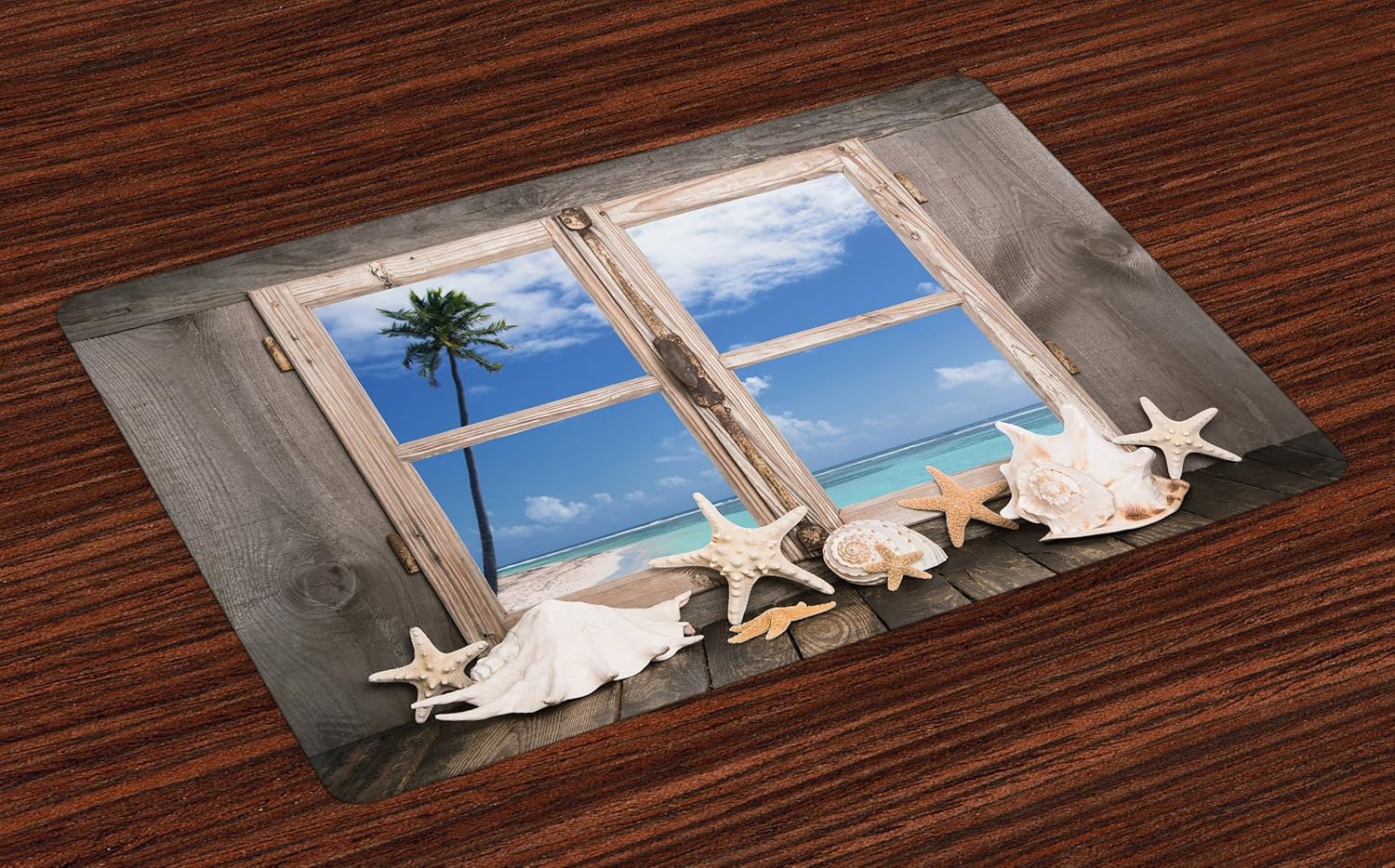 Ambesonne Beach Place Mats Set of 4, Summer Holiday wih Seashells Starfish and Palm Tree Ocean Print, Washable Fabric Placemats for Dining Room Kitchen Table Decor, Pale Brown Sky Blue and White