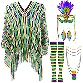 Tivi Tovo 5 Pcs Mardi Gras Costume for Women Mardi Gras Shawl Poncho Sequin Feather Masquerade Mask Headband Long Socks Earrings Beads Necklaces Outfit Accessory Set Parade Masquerade Party Favor