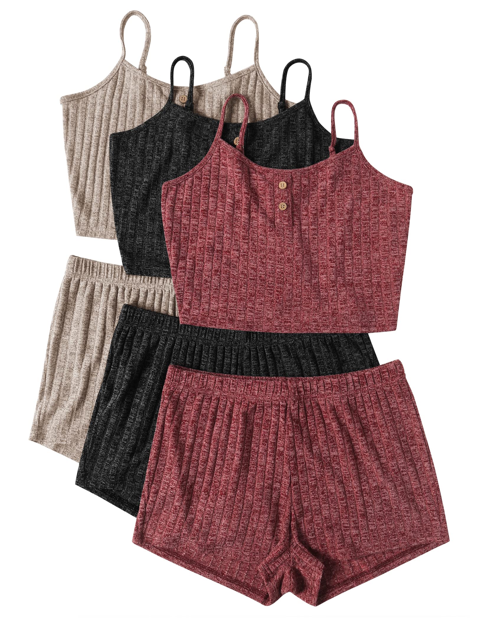 Photo 1 of *** PARTIAL SET, ONLY TWO SETS *** Ekouaer 3 Sets for Women Ribbed Pajamas Crop Cami Top and Shorts Pjs Casual Sleeveless Button Lounge Set Sleepwear Black/Apricot/Wine,X-Large
