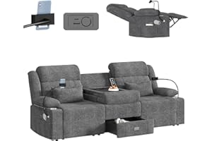 CHABATREE Home Theater Seating，RV Reclining Sofa Set with Adjustable Headrest， Recliner Sofa with Heat and USB&Type-C, Dawer & Cup Holders, 150° Recline for RV & Living Room(3-Seater Grey)