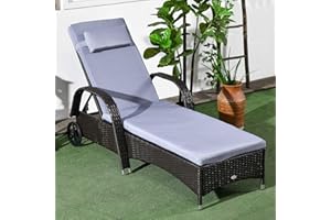Outsunny Wicker Chaise Lounge, Outdoor Lounge Chair, PE Rattan Patio Sun Lounger with Head-Rest, 5-Level Height Adjust Backre