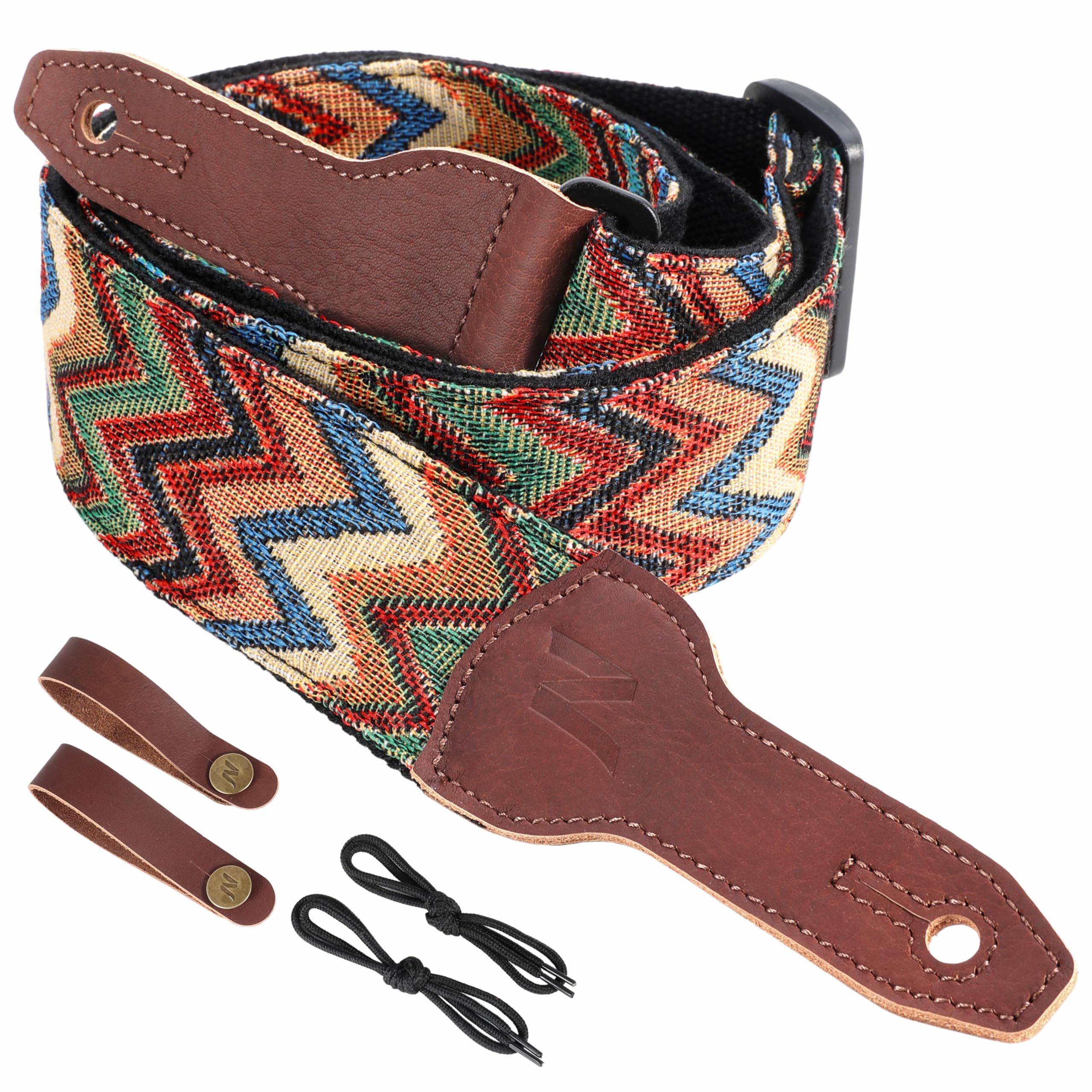 Nefelibata Banjo Strap, 2"Wide Full Grain Cowhide Guitar Strap Adjustable Replacement,Multi-pattern Guitar Strap With Headstock Rope and Leather Headband(Boho Rainbow Colours)