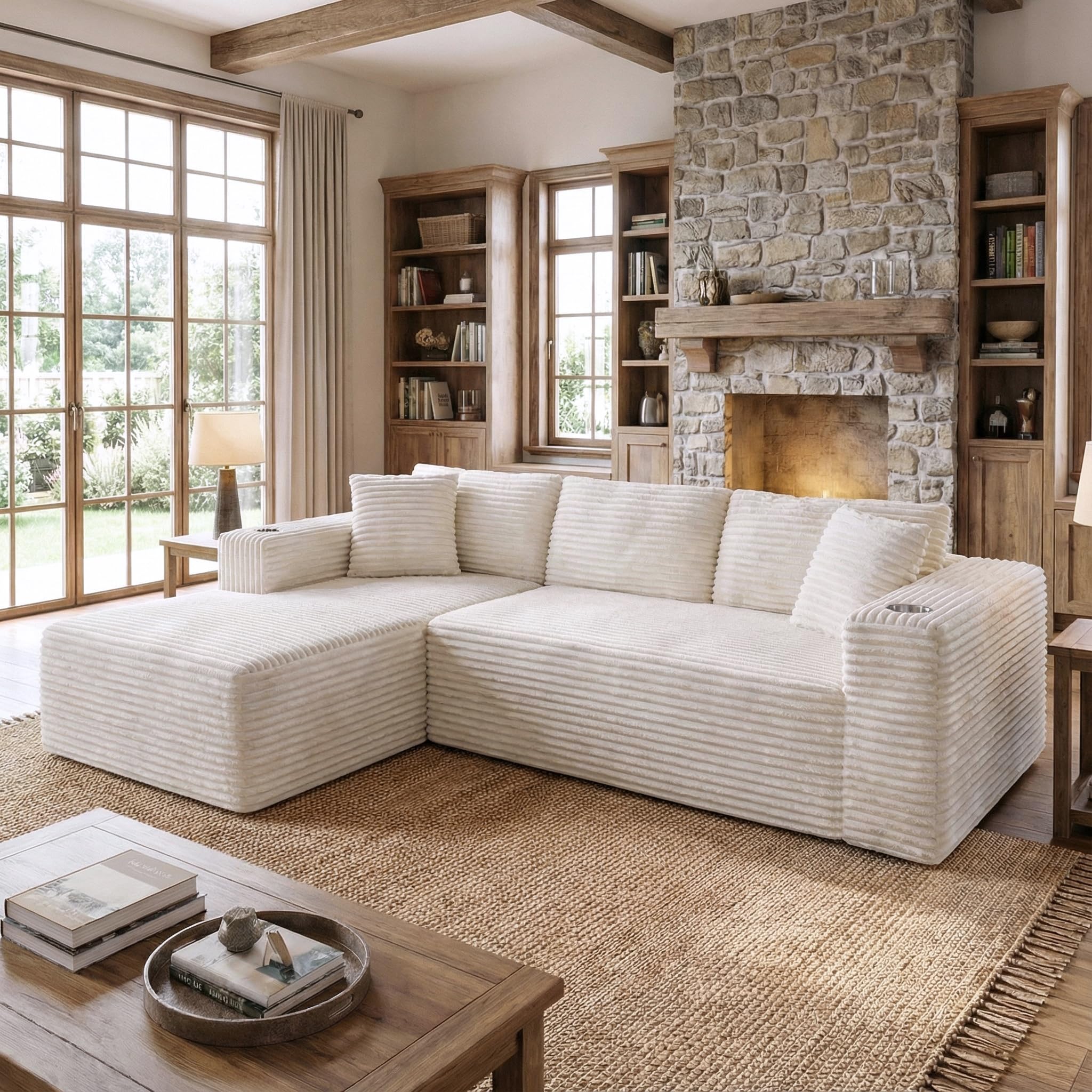 Photo 1 of ***A LITTLE DIRTY****Shintenchi Boneless Couches for Living Room,Modular Sectional Sofa with 2 Cup Holders,Memory Foam Cloud Couch with L Shaped Oversized Chaise,No Assembly Needed Plush Corduroy Sofa,White