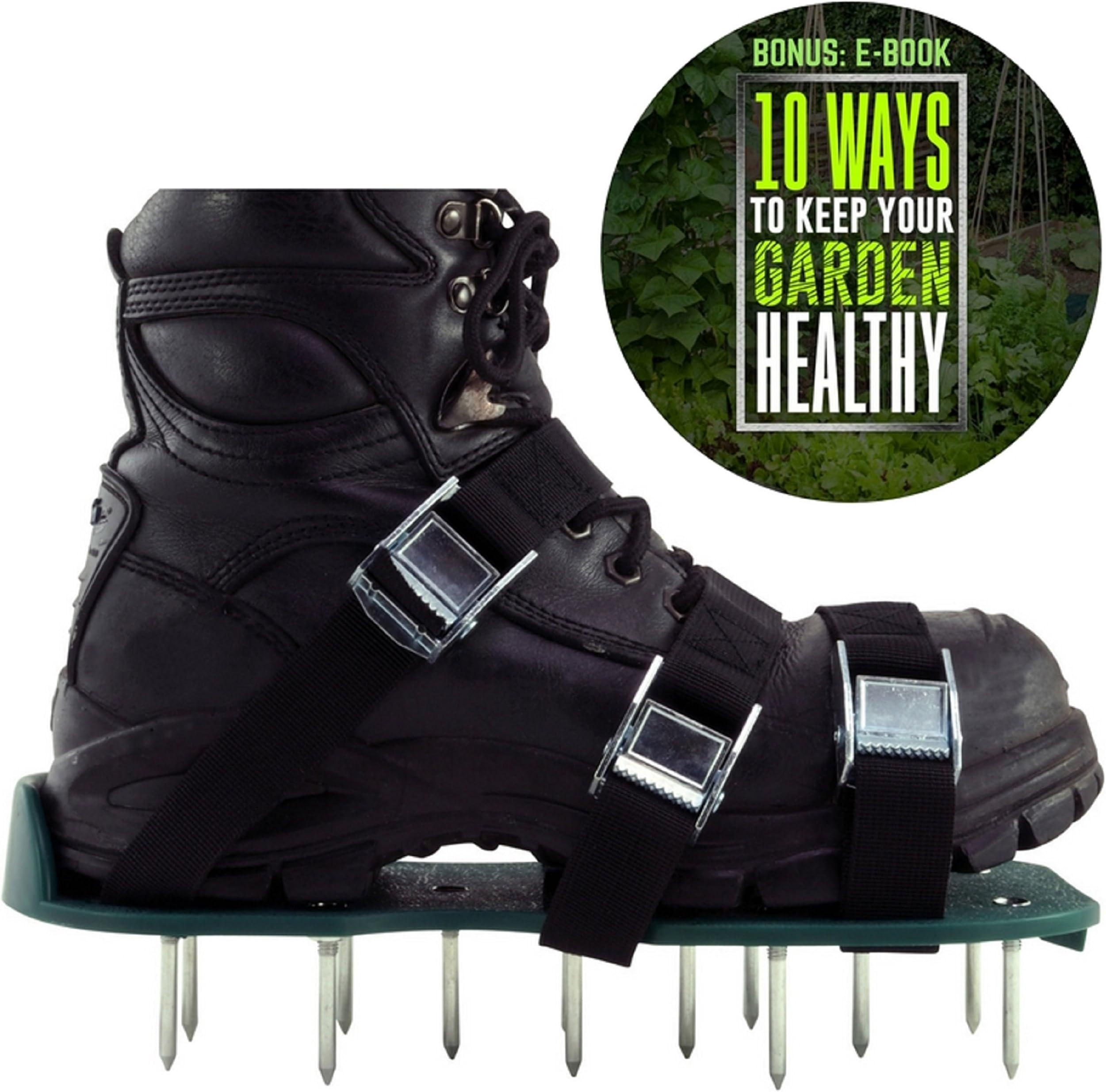 Lawn Aerator Shoes: Soil Aeration | Spike Sandals with 3 Adjustable Straps, Zinc Alloy Buckles | Great for Garden Care or Yard Maintenance | Effective Aerating for Greener Grass | BONUS : E-BOOK