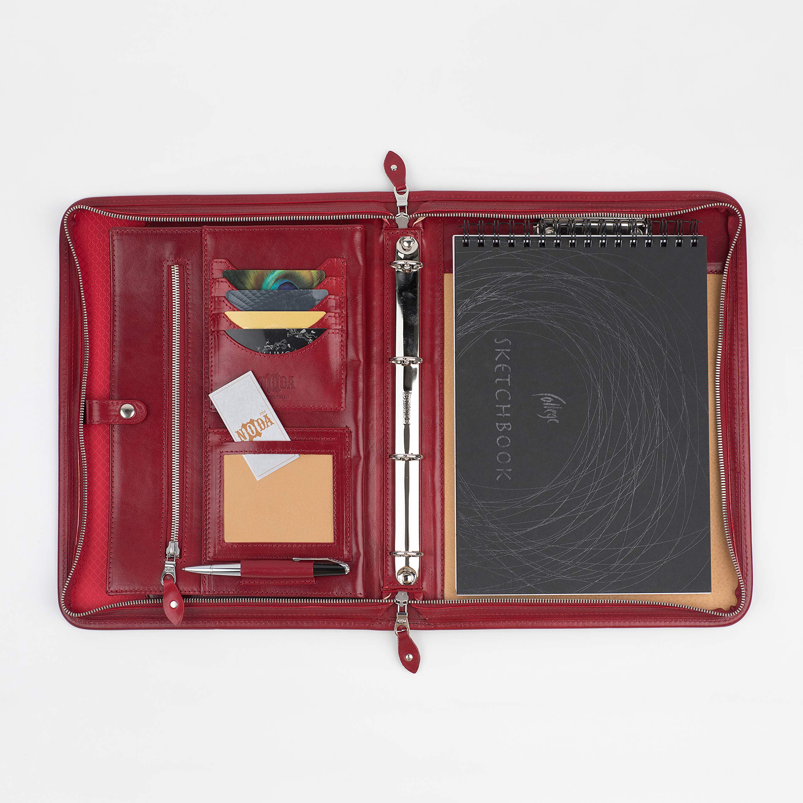 Noda Leather Portfolio 4 Ring Binder, Professional Business Padfolio, Conference Folder a4 with Handle (Red)