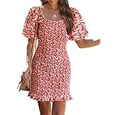 PRETTYGARDEN Women's 2025 Summer Floral Puff Sleeve Mini Dress Square Neck Ruffle Hem Bodycon Dresses Smocked Dress Women