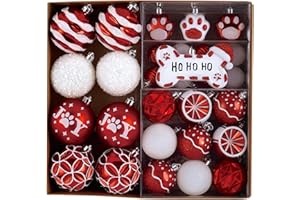 DECOR BY HANNAH DecorbyHannah 60ct Christmas Ornaments Set, Red White Christmas Tree Decorations, Shatterproof Decorative Pet Dog Theme Christmas Ball Ornaments for Xmas Tree, Home Party Décor (Value Pack)