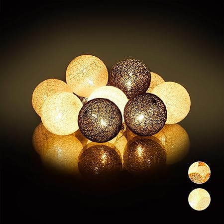 Relaxdays LED Lichterkette mit 10 Baumwollkugeln, batteriebetrieben, Stimmungslichter, Kugeln 6 cm Ø, weiß-grau-schwarz