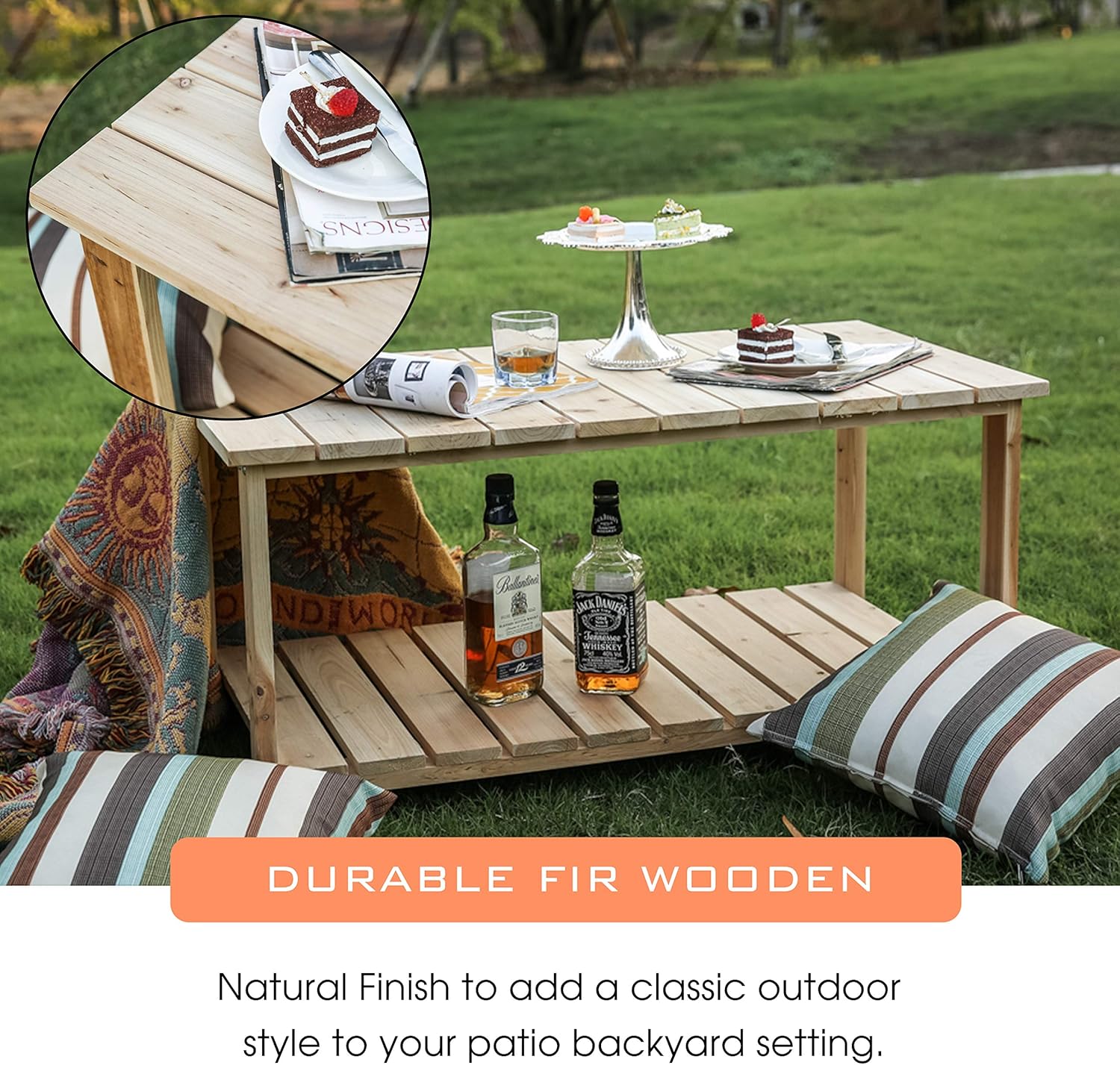 LOKATSE HOME Outdoor Coffee Table Natural Wood Patio Furniture with 2-Shelf Storage Organizer : Garden & Outdoor