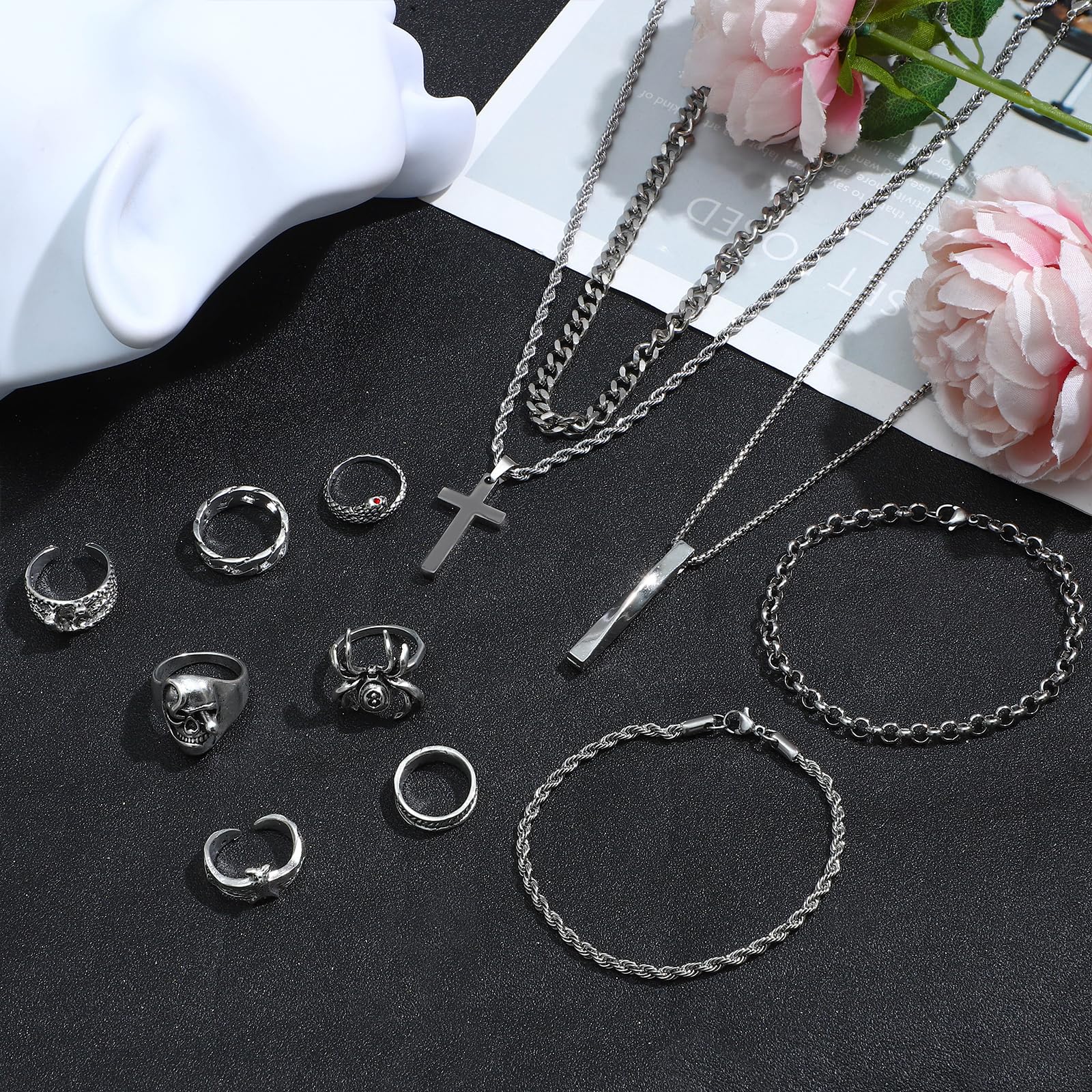 NEWITIN 15 Pieces Silver Jewelry Set for Men Stainless Steel Cuban Link Necklace Bracelet Cross Pendant Necklace Vintage Ring Cuban Jewelry Set for Men Women