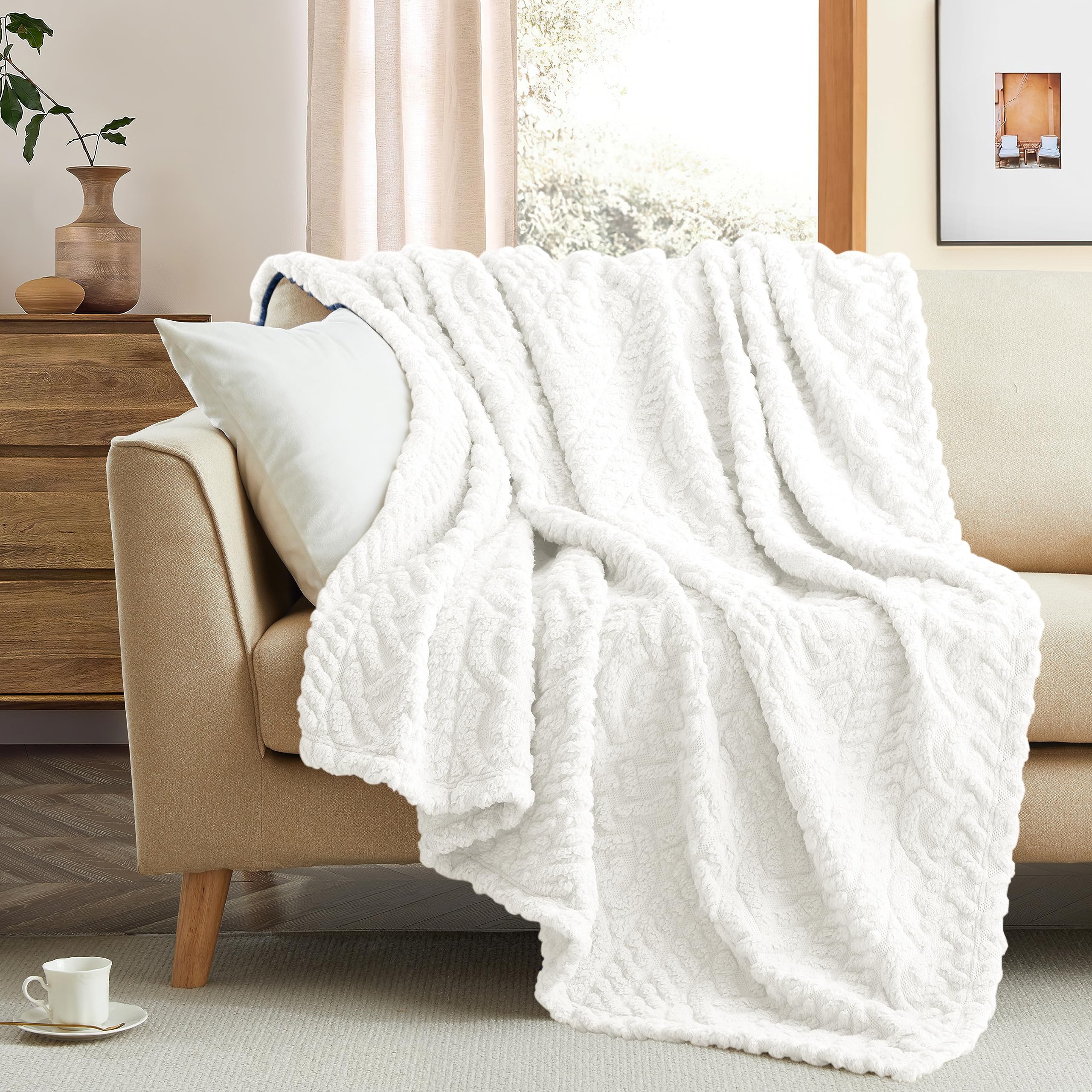 Coastline Sherpa Throw Blanket,Cable Pattern Decorative Soft Cozy Blanket for Couch Sofa,Light Weight Fleece Warm Throw Blanket for Bed,White,152 x 203 cm