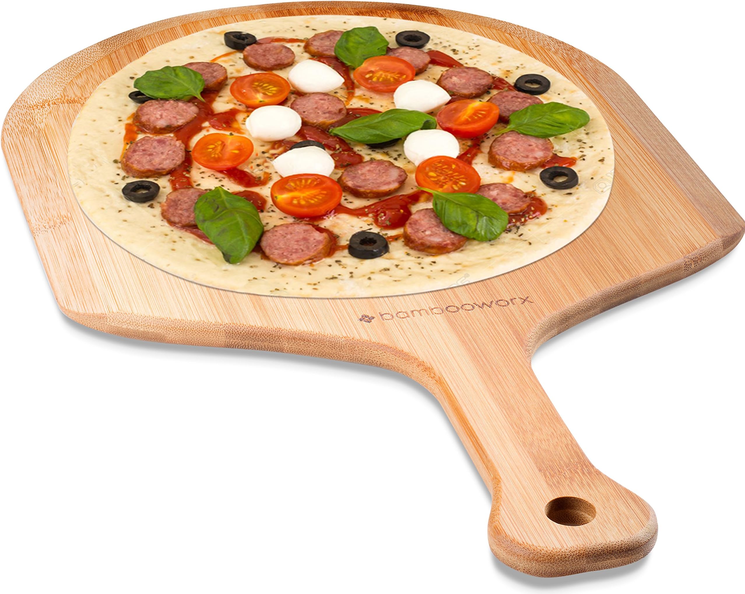 BambooWorx Pizza Peel, Premium Natural Bamboo Paddle, Perfect for Homemade Pizza, Bread Baking, Cheese Board, Cutting board, or Serving Board.