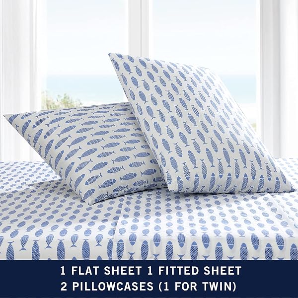 NAUTICA – KING SHEET SET, COTTON PERCALE BEDDING SET, CRISP & COOL, STYLISH HOME DECOR (WOODBLOCK FISH BLUE, KING)