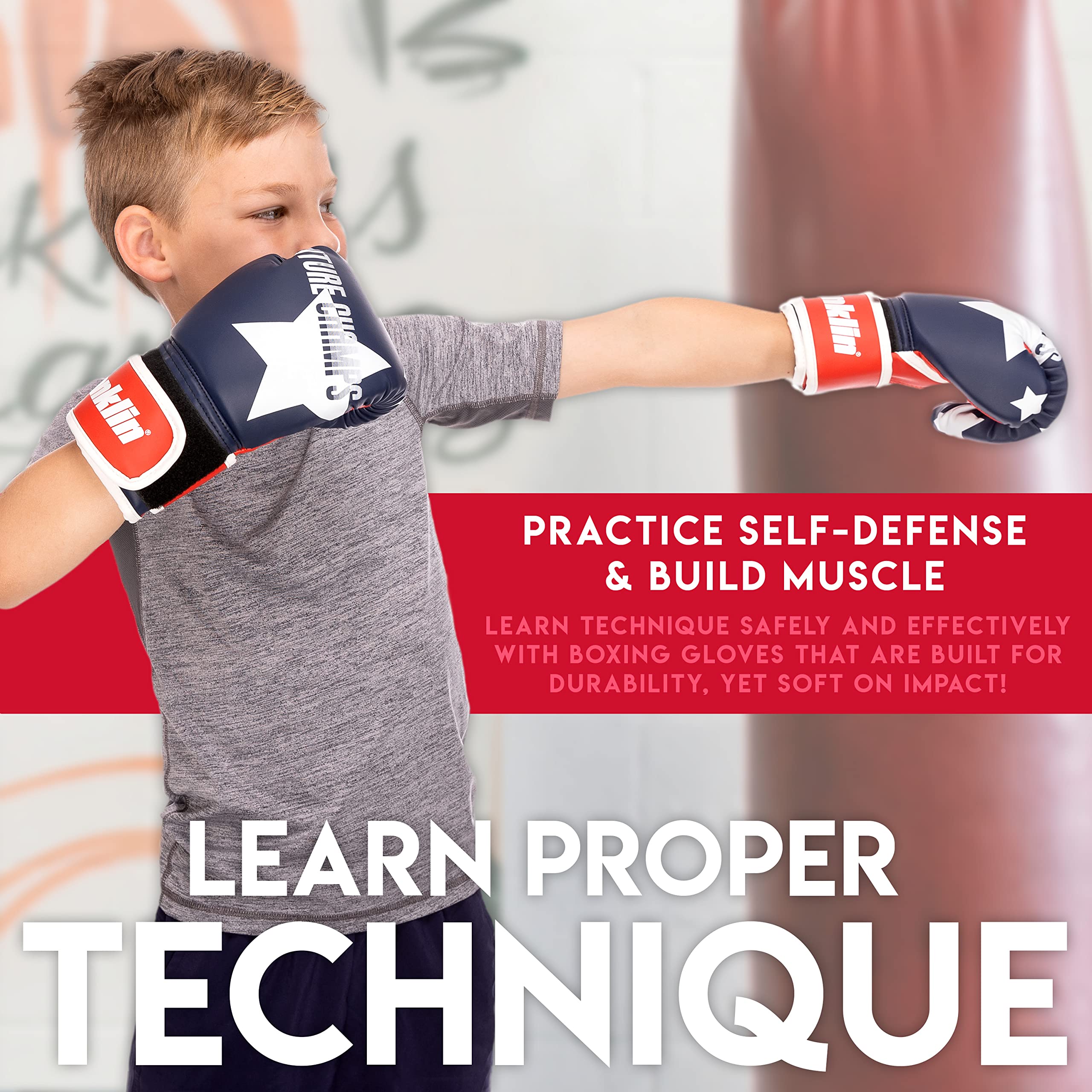 Franklin Sports Kids Boxing Gloves Set - Future Champs Youth Training Boxing Gloves for Kids Ages 5-8 - 6 Ounce - Boys + Girls - Red + Blue Pair