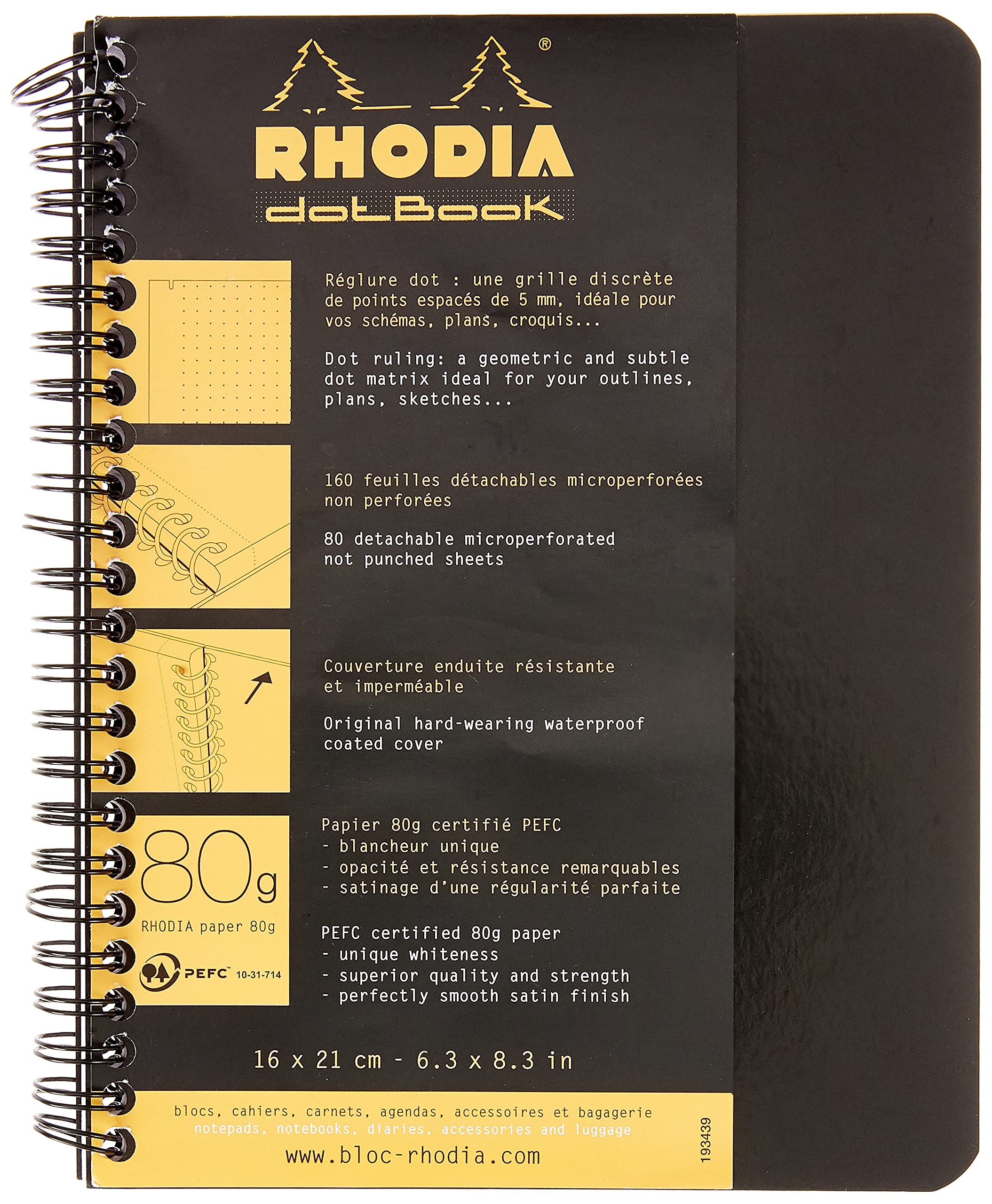 RHODIA 193439C - Spiral Notebook (Full Bound) Notebook Black - A5+ - Dot Dot - 160 Detachable Pages - White Clairefontaine Paper 80 g/m - Soft and Resistant Cover - Classic