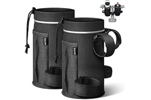 Likesing Bike Water Bottle Holder, Bicycle Cup Holder with Mesh Pocket, Universal Cycling Water Bottle Bag Drink Cup Cage for Scooter Stroller Mountain Bike Road Bike Cart (24oz, Black*2)