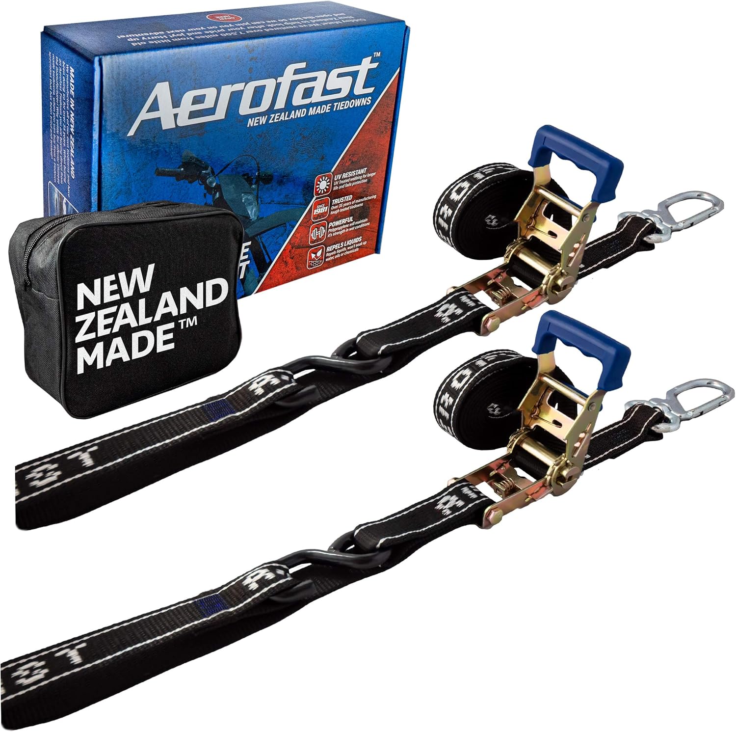 Aerofast Motorcycle Ratchet Strap Tie Down Kit 1.5" x 8" Heavy Duty Tiedown with Soft Loop & Safety Swivel Carabiner - Secure Motorbikes, Dirtbikes, ATV, UTV - 2,700lbs Break Strength - 2 Pack Black: Automotive