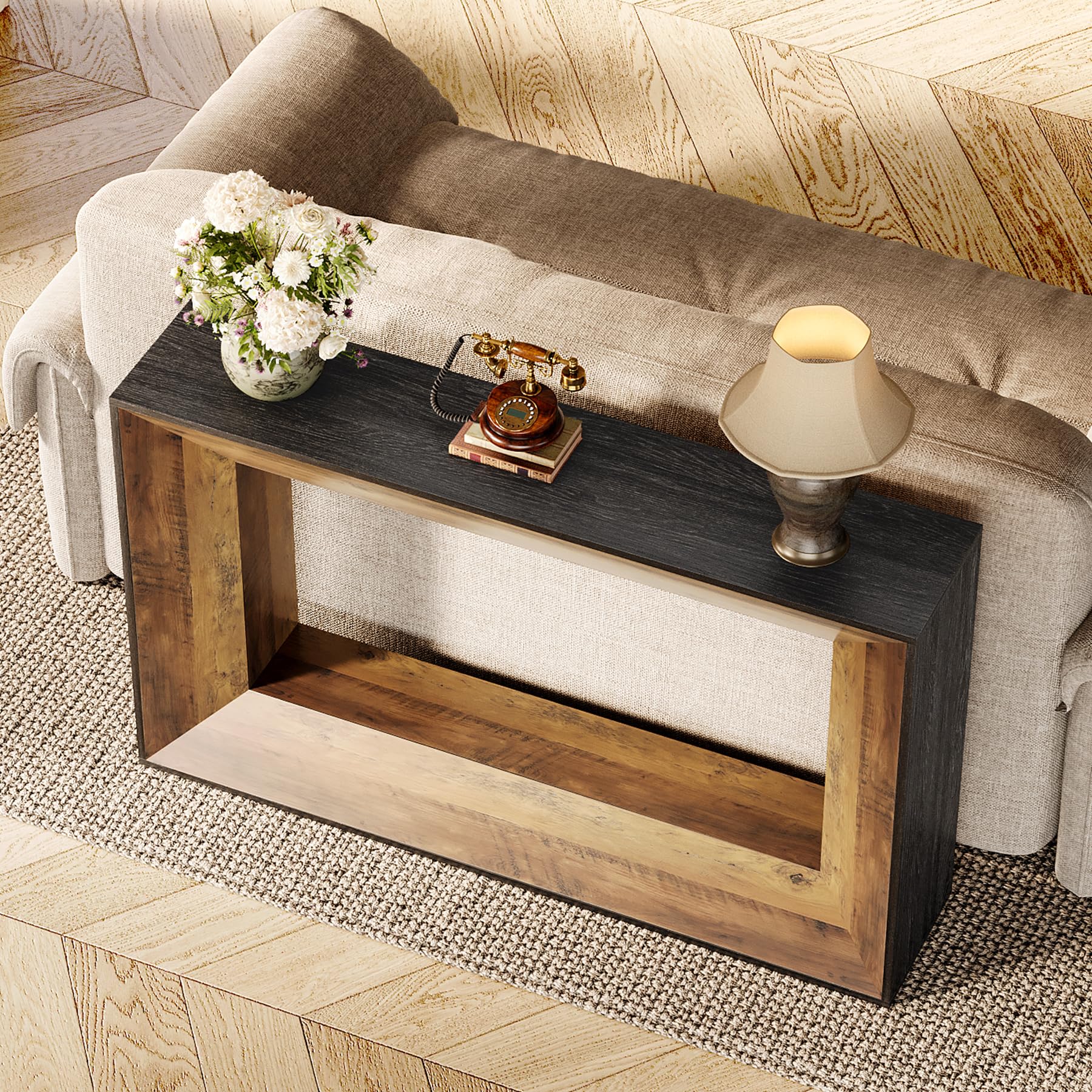 Photo 1 of **MINOR DAMAGE TO CORNERS**LITTLE TREE 55-Inch Farmhouse Console Table, 2-Tier Narrow Sofa Table with Storage, Behind Couch Table for Living Room, Entryway, Hallway (Rustic Brown + Black)