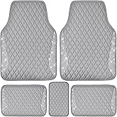 CAR PASS Bling Diamond Car Mats Gray Leather Floor Mats Sparkly Glitter Crystal Shining Rhinestone Carpet Anti-Slip Waterproof Pad Universal Fit for Automotive SUV Sedan Van 5pcs for Girl Women Gray