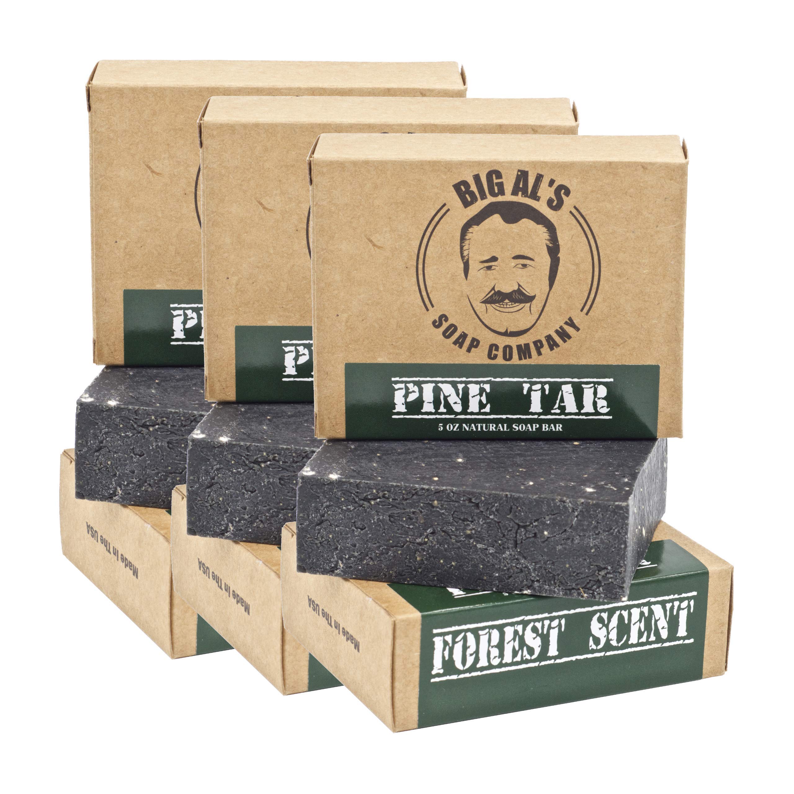 Big Al's Soap Pine Tar Soap 3-Pack Bundle - Natural Mens Soap With Activated Charcoal and Fresh Oats - Forrest Scent - Essential Oils of Pine, Tea Tree, Peppermint and Eucalyptus