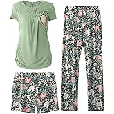 SUNNYBUY Womens Maternity Nursing Pajamas Set, Short Sleeve Breastfeeding Shirts,Pregnancy Shorts & Pants 3 Piece Nursing PJS