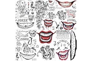 FANRUI 6 Sheets Joker Tattoos Halloween Face Makeup Kit, Temporary Tattoos For Men Women Adults, Smile Face Clown Damaged Tattoo Joker Prisoner Cosplay Costumes And Party Accessories