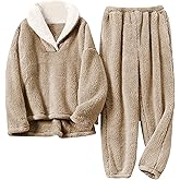 Faleave Womens Winter Fluffy Pajamas Set Warm Fleece Pants Pullover Plush Sleepwear