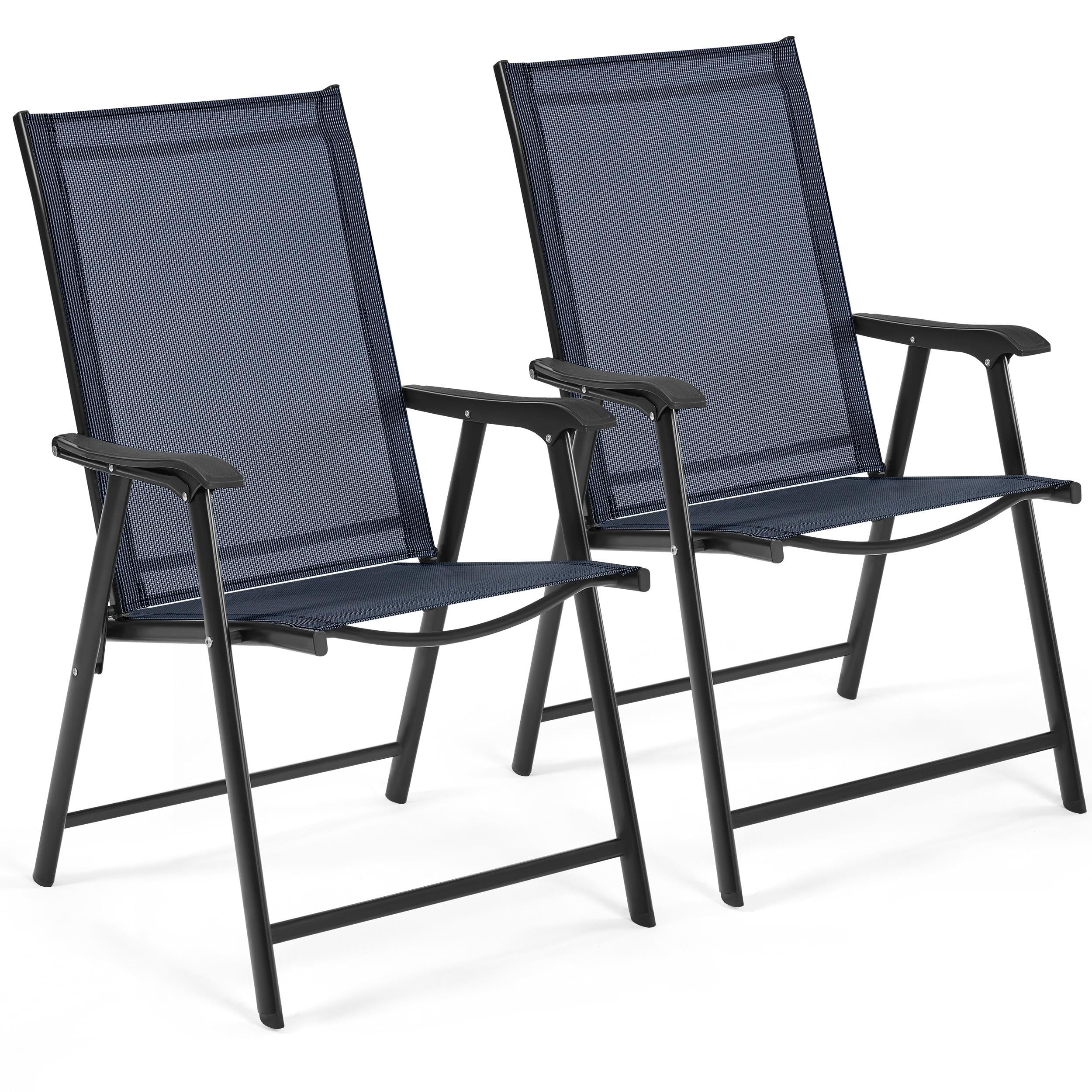 Yaheetech Patio Dining Chairs Set of 2, Portable Dining Chairs with Armrests for Camping, Lawn and Beach, Folding Patio Chairs 2-Pack of Metal Frame, Navy Blue Image